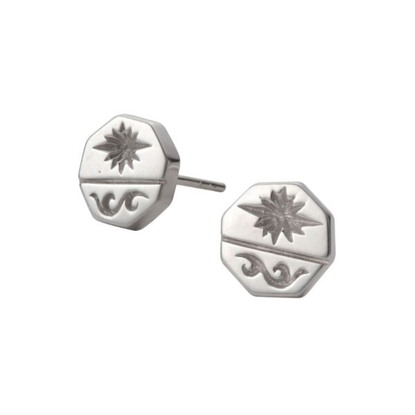 Rhodium Plated Sun Symbol and Arabesque Octagonal Stud Earrings