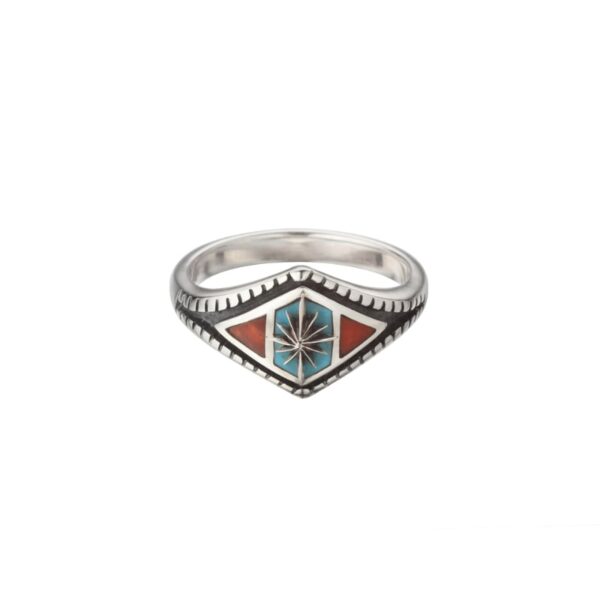 SAAD Premium Turquoise and Red Coral Sun Symbol Inlay Lozenge Cut Ring