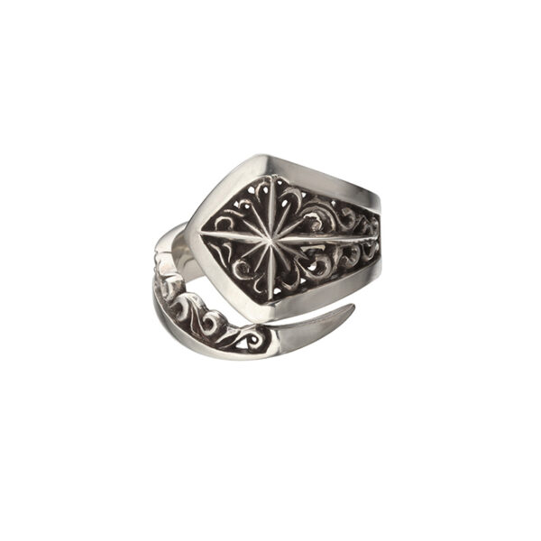 Rhodium Plated Sun Symbol and Arabesque Openwork Curled Ring