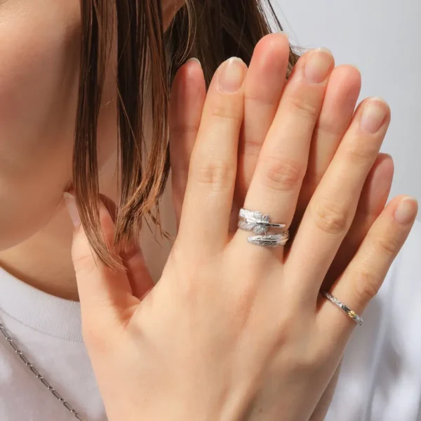 Feather Rhodium Plated Curled Ring - Image 3