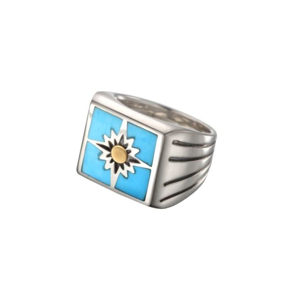 SAAD Premium Turquoise 18K Gold Channel Inlay Square Signet Ring - Image 2