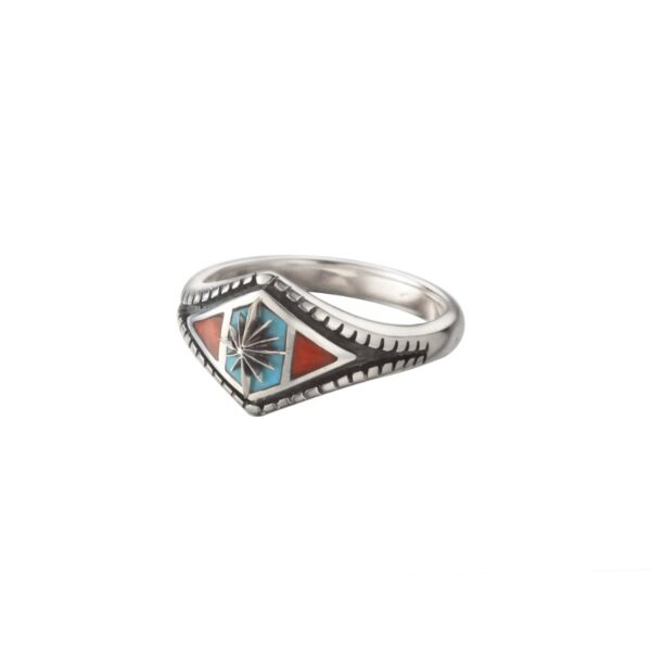 SAAD Premium Turquoise and Red Coral Sun Symbol Inlay Lozenge Cut Ring - Image 2