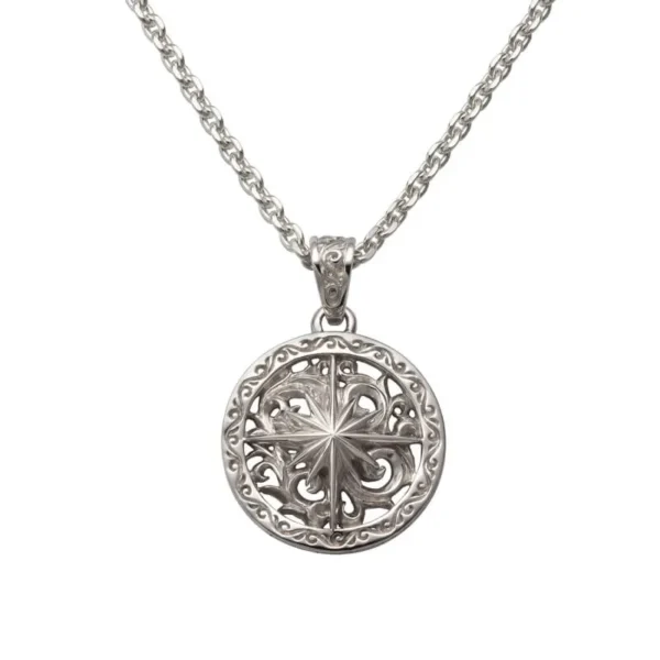 Rhodium Plated Sun Symbol and Arabesque Openwork Round Pendant, Large