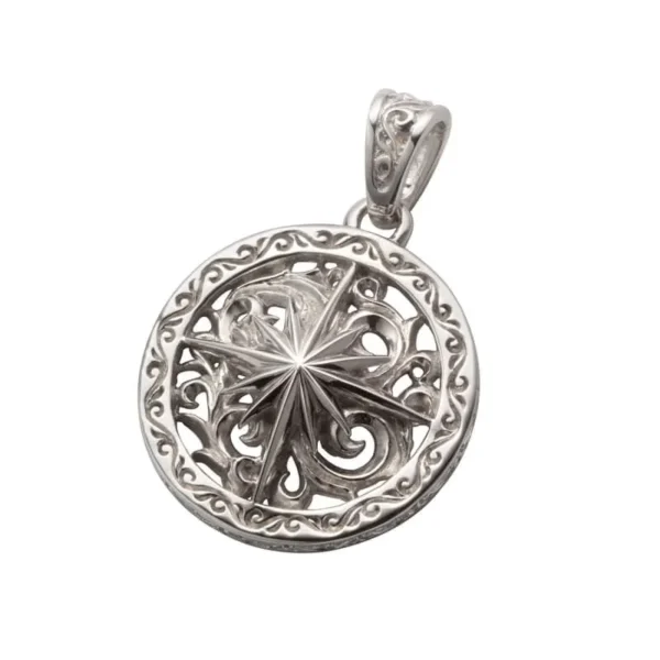 Rhodium Plated Sun Symbol and Arabesque Openwork Round Pendant, Large - Image 2