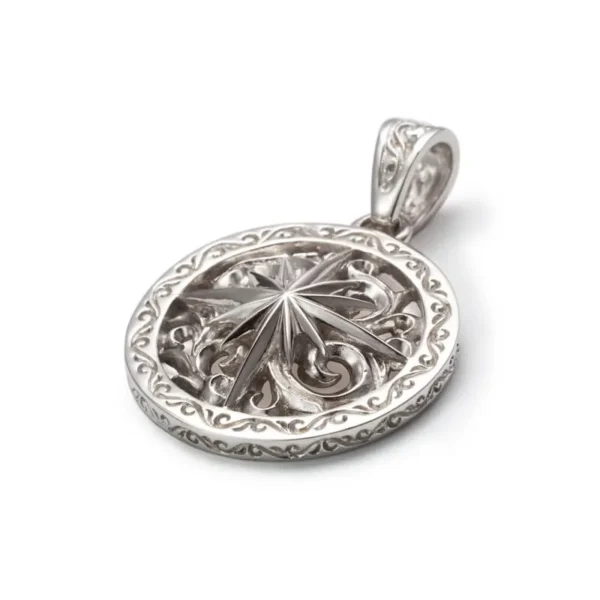 Rhodium Plated Sun Symbol and Arabesque Openwork Round Pendant, Large - Image 3