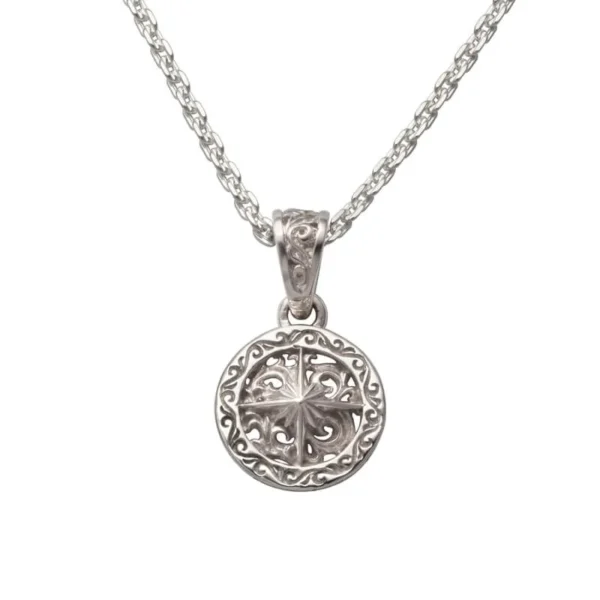 Rhodium Plated Sun Symbol and Arabesque Openwork Pendant, Medium