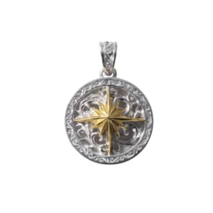Rhodium Plated Sun Symbol and Arabesque 18K Gold Round Pendant, Small