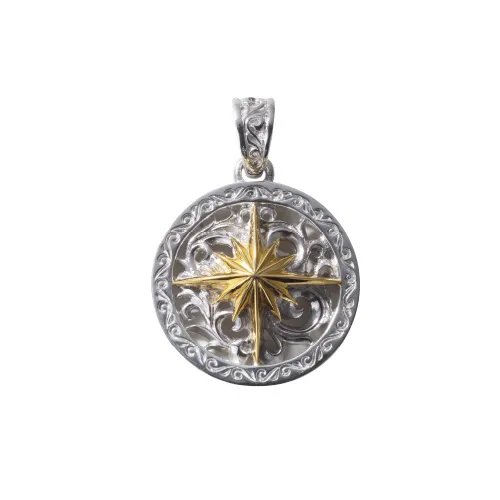 Rhodium Plated Sun Symbol and Arabesque 18K Gold Round Pendant, Small