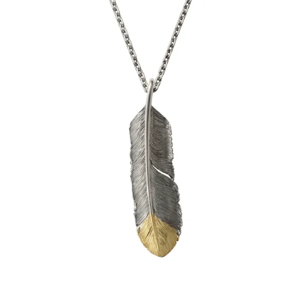 Feather Left Facing Pendant with 18K Gold Tip