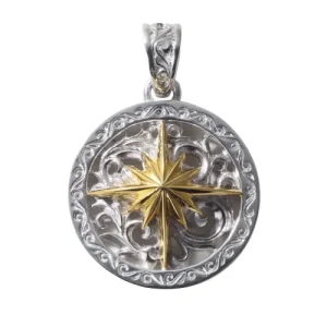 Rhodium Plated Sun Symbol and Arabesque 18K Gold Round Pendant