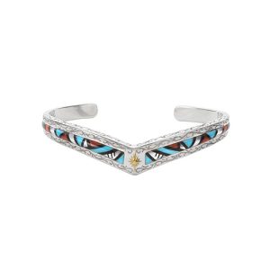 Mix Gemstones and 18K Gold Sun Symbol Mosaic Inlay V-shaped Bangle