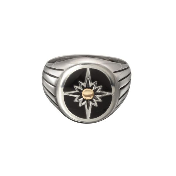 SAAD Premium Onyx and 18K Gold Sun Symbol Round Signet Ring