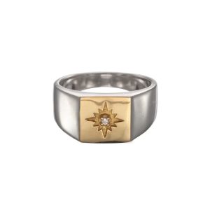 SAAD Premium 18K Gold Diamond Sun Symbol Square Signet Ring