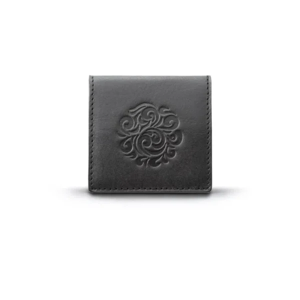 Genuine Leather Coin Case Arabesque Embossed Black Saddle Leather