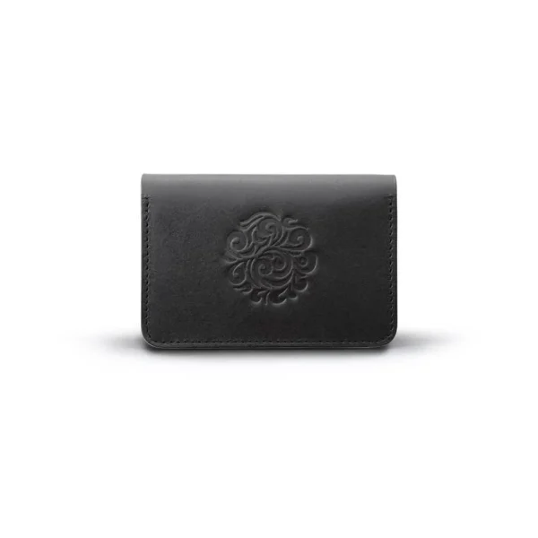Genuine Leather Card Case Arabesque Embossed Black Saddle Leather