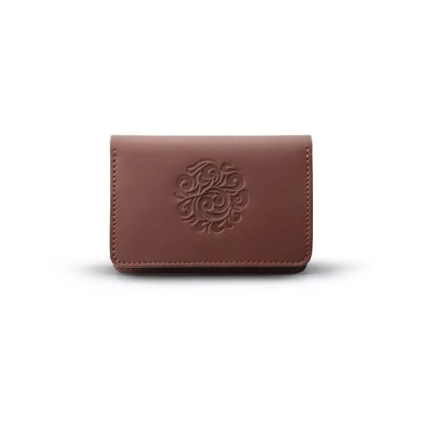 Genuine Leather Card Case Arabesque Embossed Brown Saddle Leather