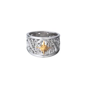 Rhodium Plated Sun Symbol and Arabesque 24K Gold Plated Openwork Ring