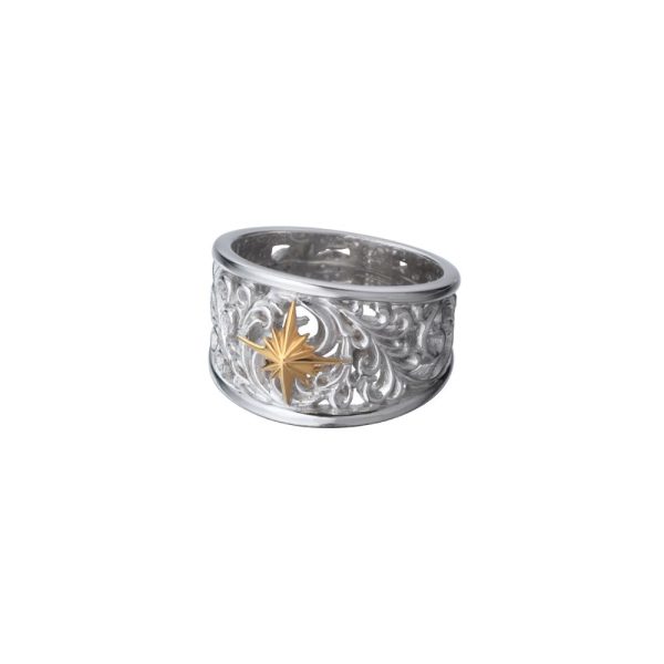 Rhodium Plated Sun Symbol and Arabesque 24K Gold Plated Openwork Ring - รูปภาพ 2