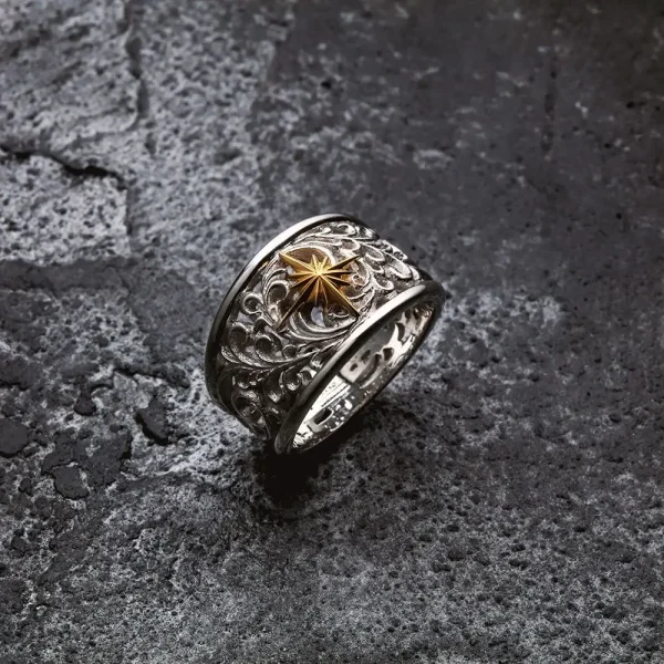 Rhodium Plated Sun Symbol and Arabesque 24K Gold Plated Openwork Ring - รูปภาพ 5