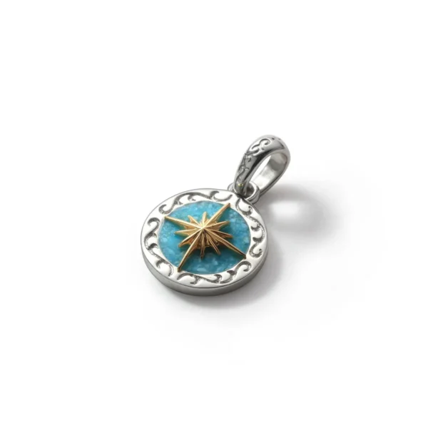 Turquoise Sun Symbol and Arabesque 24K Gold Plated Pendant, Small - Image 2