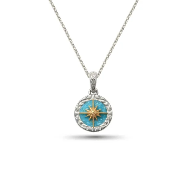 Turquoise Sun Symbol and Arabesque 24K Gold Plated Pendant, Small