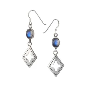 Rainbow Moonstone Cross Lozenge Drop Hook Earrings