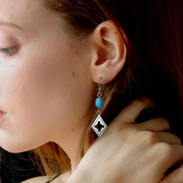 Turquoise Cross Lozenge Drop Hook Earrings - Image 4