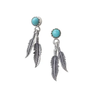 Single Feather Turquoise Round Stud Earrings