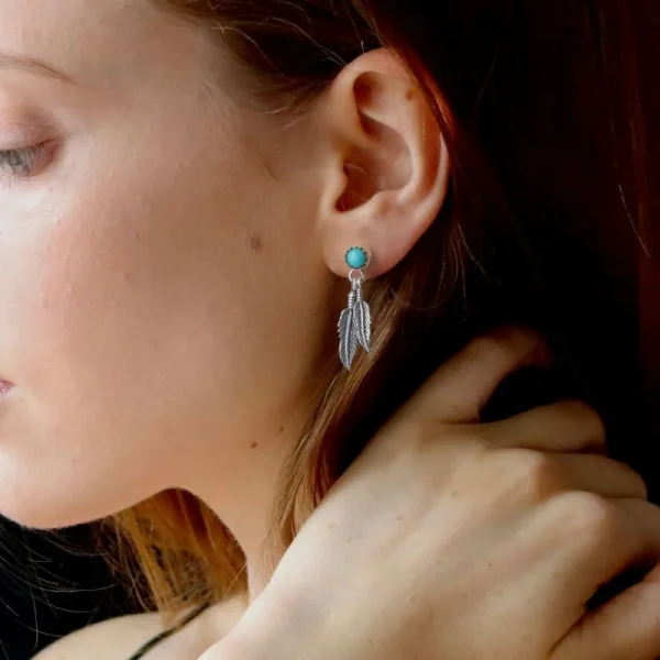 Single Feather Turquoise Round Stud Earrings - รูปภาพ 4