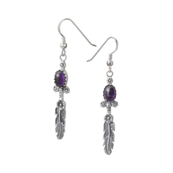 Single Feather Amethyst Floral Hook Earrings