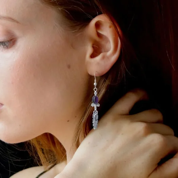Single Feather Amethyst Floral Hook Earrings - รูปภาพ 4