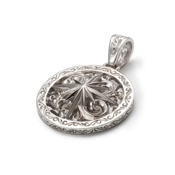 Rhodium Plated Sun Symbol and Arabesque Openwork Round Pendant, Large - Image 3