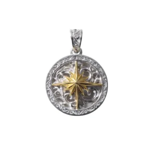 Rhodium Plated Sun Symbol and Arabesque 18K Gold Round Pendant, Small