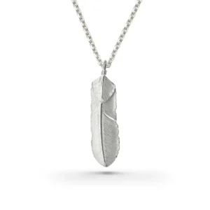 Feather Natural Silver Color Left Facing Pendant with Heart
