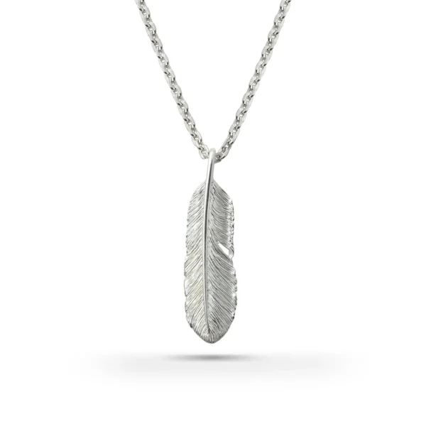 Feather Natural Silver Color Left Facing Pendant, Medium