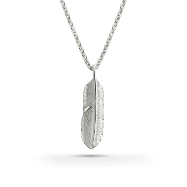 Feather Natural Silver Color Right Facing Pendant, Medium