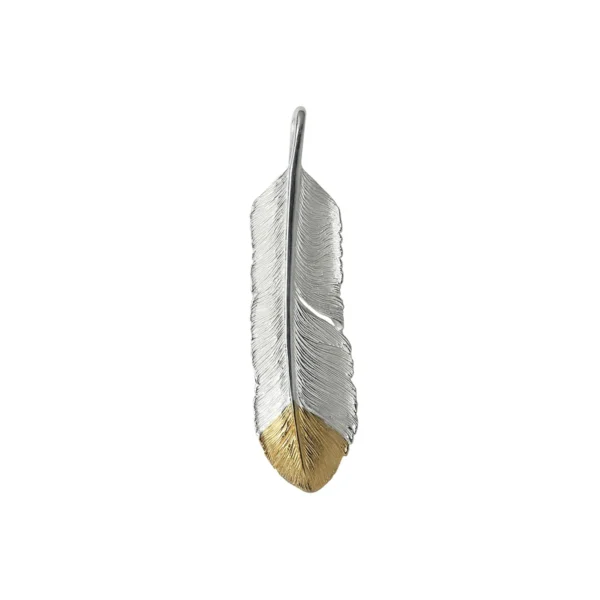 Feather Natural Silver Color Left Facing Pendant with Gold Plated Bronze Tip - Image 2