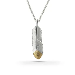 Feather Natural Silver Color Left Facing Pendant with Gold Plated Bronze Tip