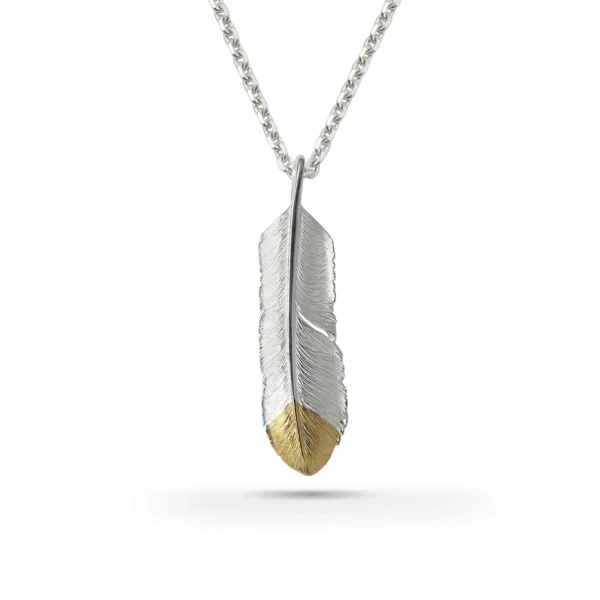 Feather Natural Silver Color Left Facing Pendant with Gold Plated Bronze Tip