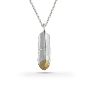 Feather Natural Silver Color Right Right Pendant with Gold Plated Bronze Tip