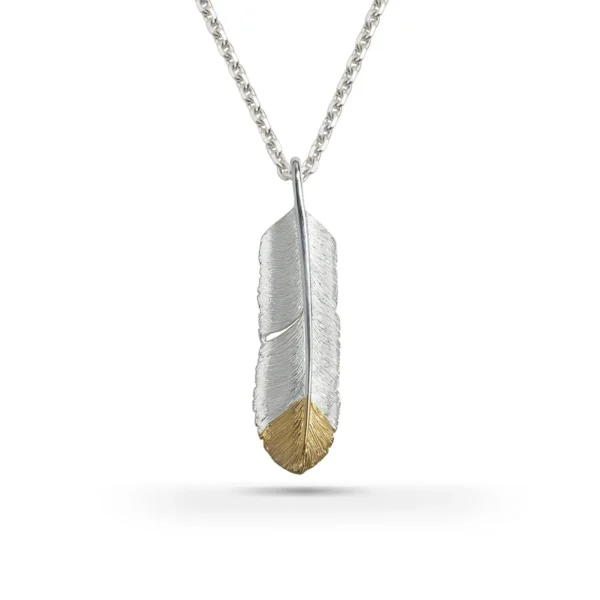 Feather Natural Silver Color Right Right Pendant with Gold Plated Bronze Tip