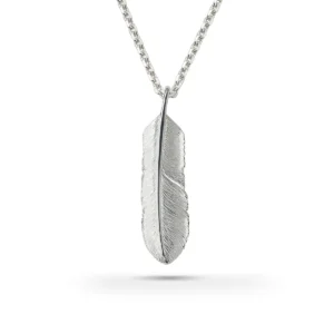 Feather Natural Silver Color Left Facing Pendant, Large