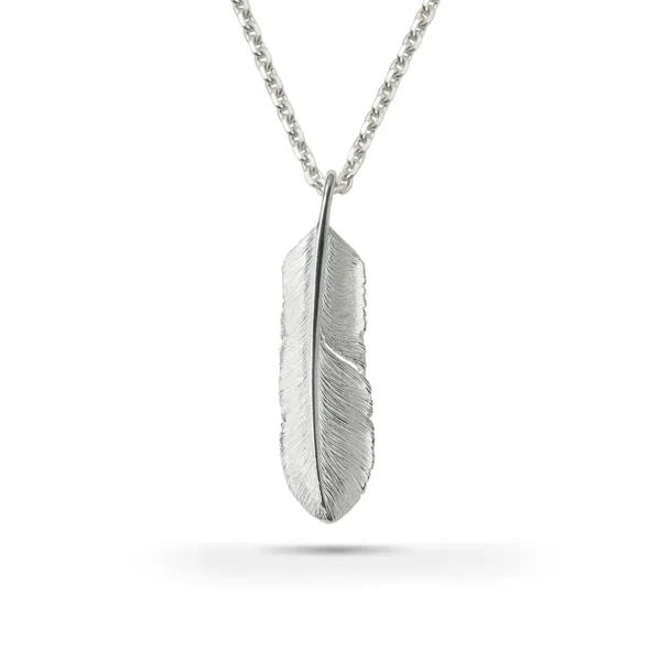 Feather Natural Silver Color Left Facing Pendant, Large