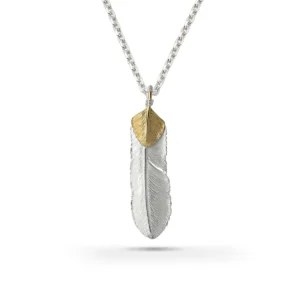 Feather Natural Silver Color Left Facing Pendant with Gold Plated Bronze Heart