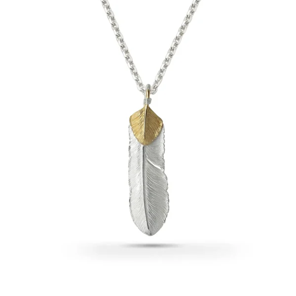 Feather Natural Silver Color Left Facing Pendant with Gold Plated Bronze Heart