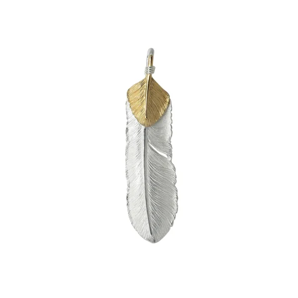 Feather Natural Silver Color Left Facing Pendant with Gold Plated Bronze Heart - Image 2