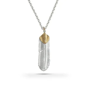 Feather Natural Silver Color Right Facing Pendant with Gold Plated Bronze Heart
