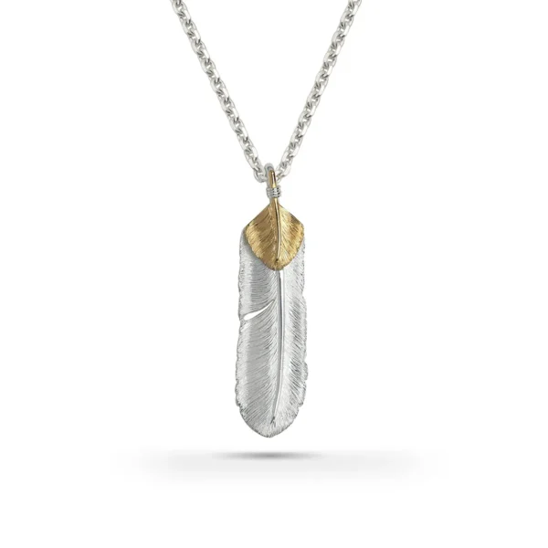 Feather Natural Silver Color Right Facing Pendant with Gold Plated Bronze Heart