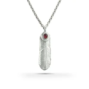 Feather Natural Silver Color Right Facing Pendant with Garnet Heart