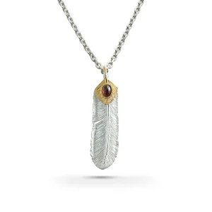 Feather Natural Silver Color Right Facing Pendant with Garnet and 24K Gold Plated Heart
